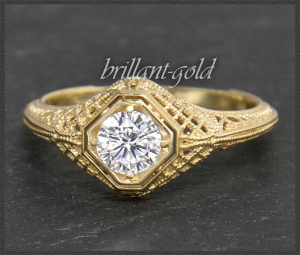 Solitär Ring 0,63ct Brillant im Antik Design,  585 Gold